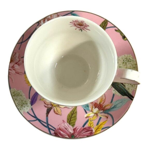 Shabby Chic Fine Porcelain Teacup & Saucer Set Floral Bird Design Pink 3” Cup - Picture 2 of 9